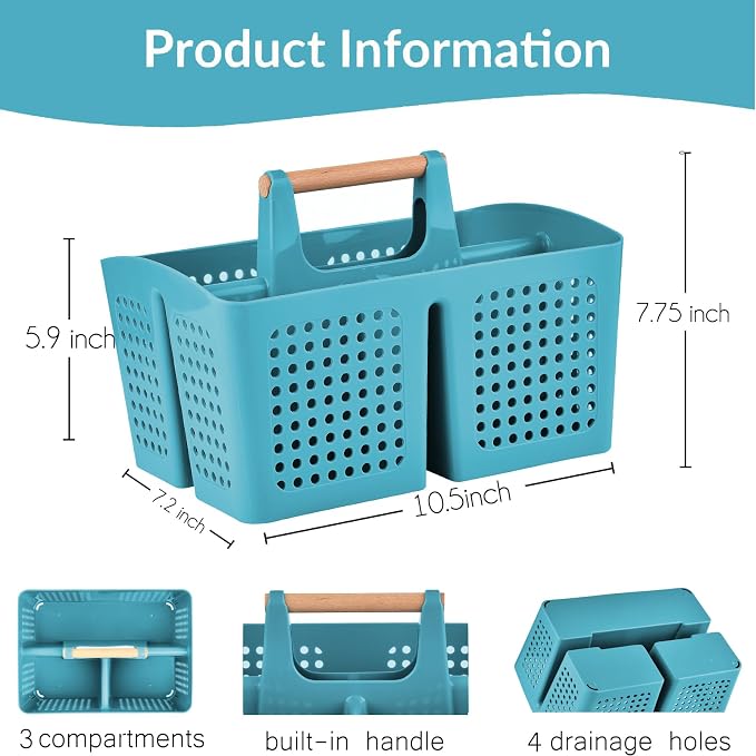 Portable Shower Caddy Basket with 3 Compartments and Handle, Teal | Plastic Divided Toiletry Caddy for Pools, Gyms, Beaches, Campgrounds, RVs, Travel and Shared Bathrooms