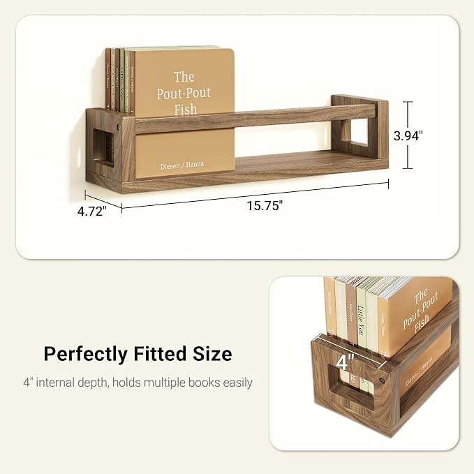 3Pack Nursery Book Shelves, Solid Wood Floatingshelf for Wall, Walnut Brown | Durable Wall Mounted Shelves, Spacious Display Space for Books, Photos, Bedroom, Living Room and Spice Rack & Decor