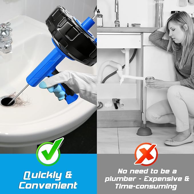 25FT Auto Feed Drain Snake Auger Drill or Manual Hair Clog Remover | 25FT flexible drain snake with auto feed retract, supports drill or manual use, for bathroom sink shower hair clog removal