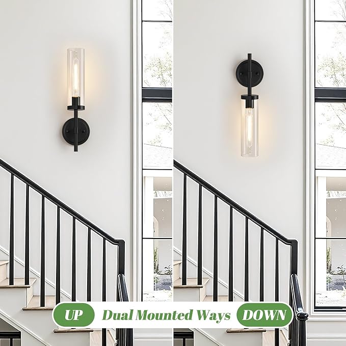 Hardwired Wall Sconces Set of Two, Matte Black Bathroom Sconces with Clear Glass, Modern Wall Light Fixtures for Bathroom Mirror Vanity, Living Room, Bedroom, Hallway, Stairway, Cabinet, Foyer
