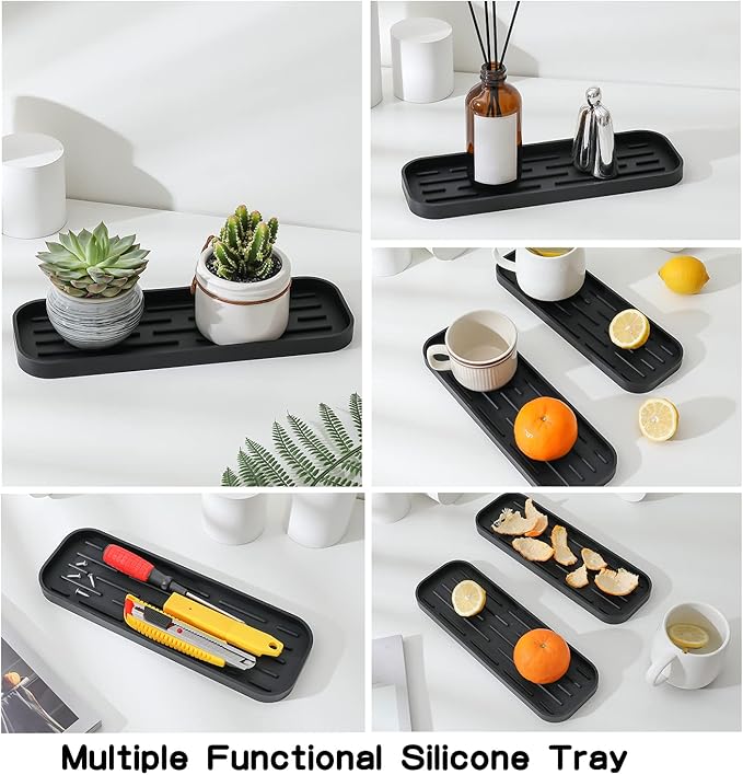 MicoYang Silicone Kitchen Sink Organizer Tray for Multiple Usage,Eco-Friendly Sponges Holder for Kitchen Bathroom Counter or Sink,Dish Soap Dispenser,Scrubber,Bottle,Cup (Black, 12"×4")