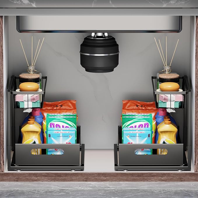 Ceetug Slide Out Under Sink Organizers and Storage, Black, 2 Pack | 2 Tier, Sturdy Metal, Cabinet Organizer, for Kitchen Bathroom