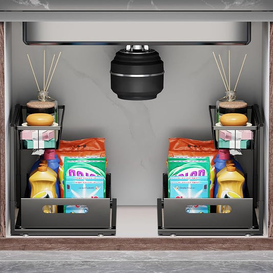 Ceetug Slide Out Under Sink Organizers and Storage, Black, 2 Pack | 2 Tier, Sturdy Metal, Cabinet Organizer, for Kitchen Bathroom