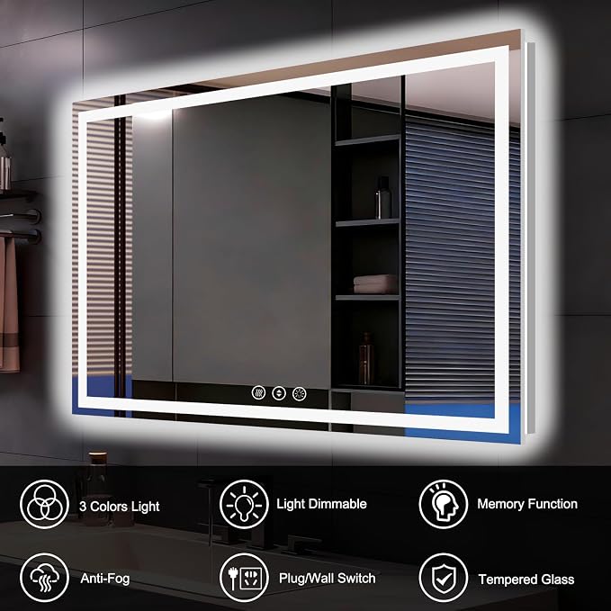 WTTY 55" x 30" LED Bathroom Mirror with Light | Anti-Fog, Dimmable, 3 Color Temperature, Memory Function, Tempered Glass, IP54 Waterproof, ETL Listed
