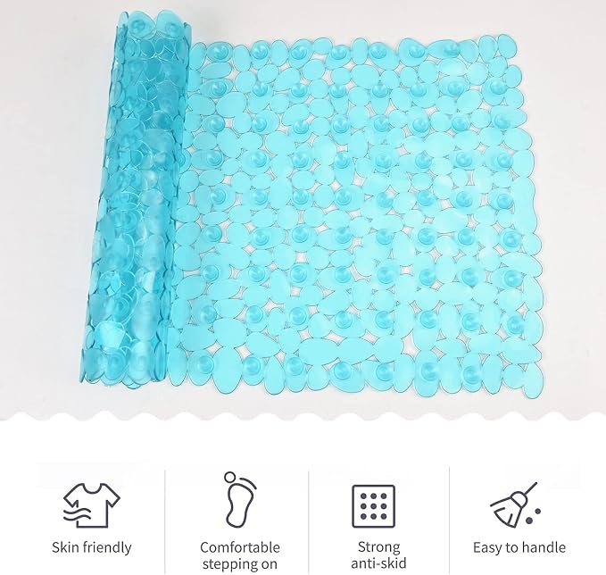 Pebble Shower Mat for Bathtub Non Slip 35"X16" with Suction Cup Clear Green | Anti Slip in Shower with Drain Holes
