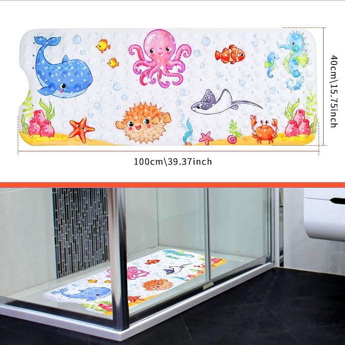Secopad Bathtub Mat Non Slip, Cute Bath Tub Mat, 40" x 16", Pink Octopus | Rectangular, Anti-Slip, Machine Washable, with Drain Holes and Suction Cups,For Bathtub and Shower Floor, for Toddler & Kids