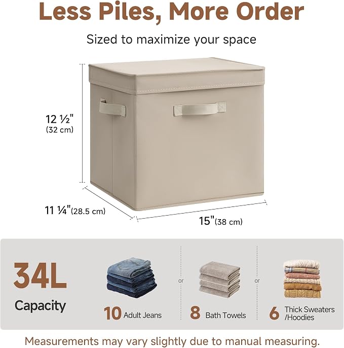 StorageWorks Storage Bins with Lid, Decorative Fabric Storage Bins with Handles, Stackable Closet Organizers for Shelves and Bedroom, Large, Light Brown, 2-Pack