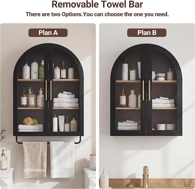 Seang Bathroom Arched Wall Cabinet,Modern Medicine Cabinet with Towel Bar and Adjustable Shelf,Over The Toilet Wall Storage Cabinet,Black