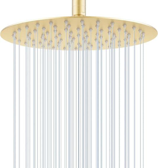 10 Inch Brushed Gold Round Rain Shower Head, All Metal Stainless Steel Rainfall Shower Heads with 100 Anti-Clog Silicone Nozzles, Wall or Ceiling Mount