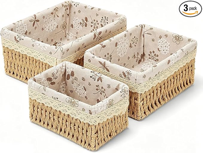 Small Wicker Basket 3-Piece Set: Handwoven Natural Paper Rope Storage Baskets for Organization, Storage, and Home Decor (Lined)