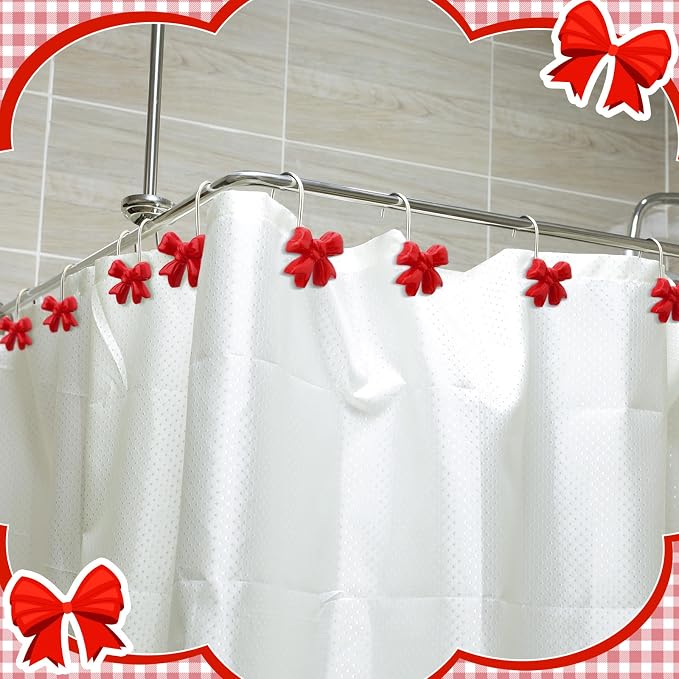 Yaocom 12 Pcs Red Bow Shower Curtain Hooks Rustproof Metal Rings | Decorative Bow Knot Style for Bathroom Bedroom Decor, Smooth Glide on Rod, Bulk Set for Curtain Replacement, Rustproof Finish
