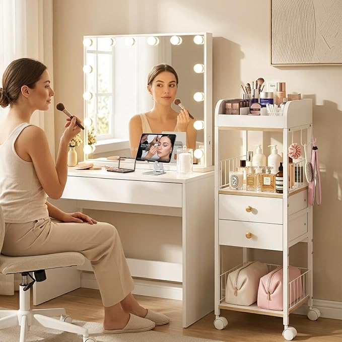 Makeup Organizer Cart, Rolling Floor Skincare Organizer and Storage with 2 Wooden Drawers, Cosmetics Display Cases Holder for Skin Care Perfume Hair Tools Nail Polish（White & Gold）