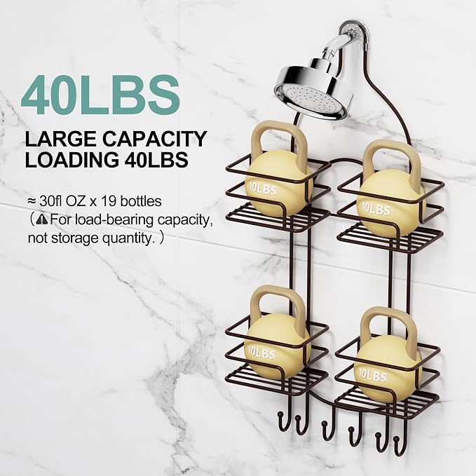 SRIWATANA Shower Caddy Hanging, Shower Organizer with Razor Hooks, Bronze | Rustproof Shower Rack, No Drilling Shelves Over Shower Head, Anti-Swing Scution Install, Bathroom Holder for Sponge Loofah