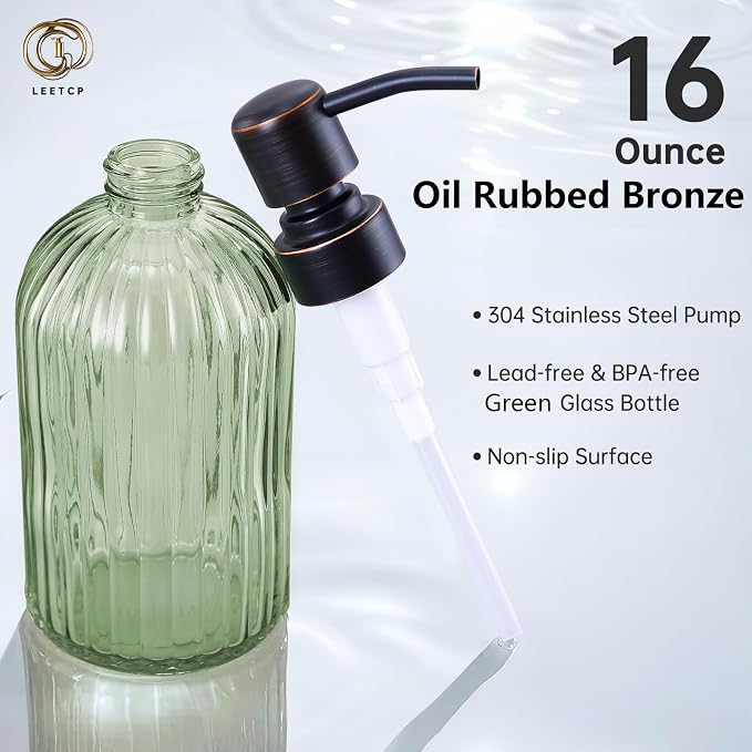 16Oz Green Glass Soap Dispenser with Rust Proof Bronze Stainless Steel Pump, Green Countertop Refillable Liquid Lotion Dispensers with Stainless Steel Pump, Oil Rubbed Bronze Soap Dispenser