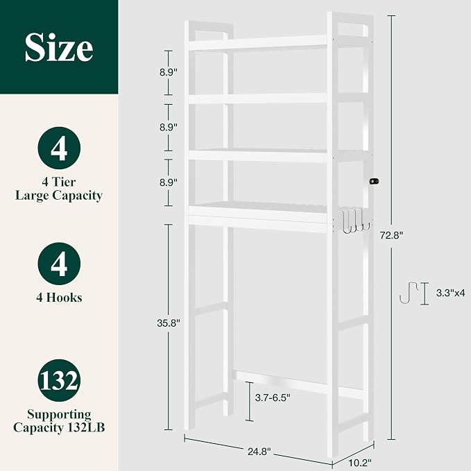 Smiry Bamboo Over The Toilet Storage Cabinet, 4 Tier, White | Wooden Bathroom Organizers with Adjustable Shelf & 4 Hooks, Space Saving Shelf Rack for Bathrooms, Laundry Room, Balcony