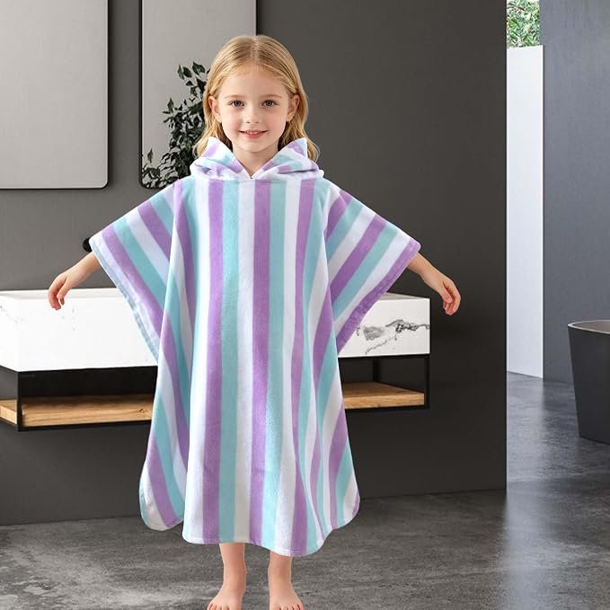 VOOVA & MOVAS Hooded Poncho Towel for Kids, 4-8 Years, Aqua Purple Stripe | Two-Tone Striped Craft, Soft Texture, High Absorbency & Fast Drying for All Water Activities