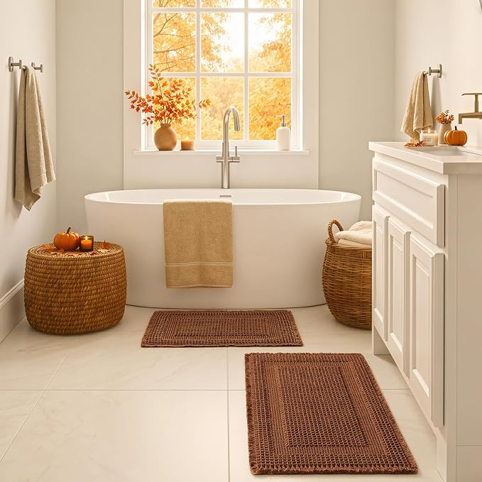 MIULEE Fall Terracotta Set of 2 Waffle Bathroom Rugs Boho Bath Mat 18x30 in | Looped Design, Super Absorbent, Non Slip, Washable, Ultra Soft, Rubber Backed, Bathroom Mats for Floor Tub Shower, Fall decor