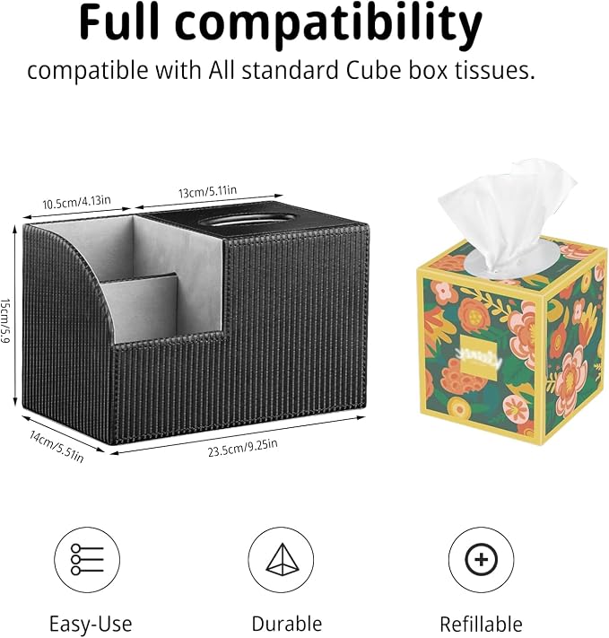 PU Leather Square Tissue Box Cover - Multi-Functional Tissue Box Holder, Tissue Box Cover with Storage,Tissue and Remote Control Holder, Cube Tissue Box Organizer Bedroom Nightstand End Table
