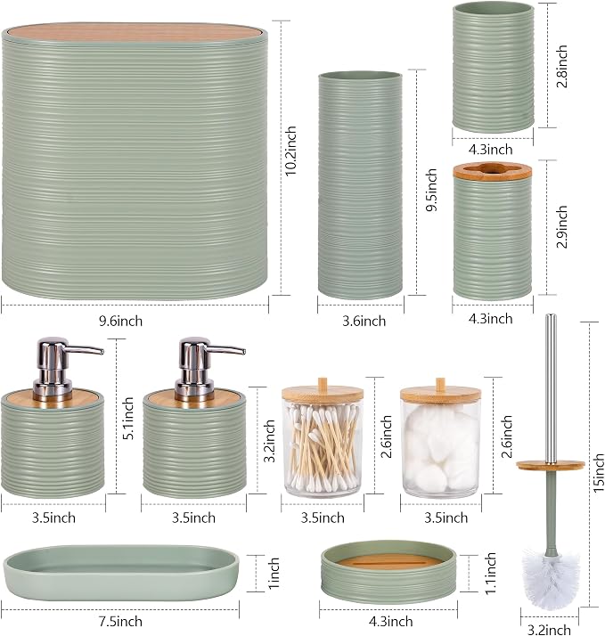 10 PCS Green Bathroom Accessories Set with Trash Can Bathroom Accessory | All-in-One Kit with Trash Can,Toothbrush Holder,Soap Dispenser,Toothbrush Cup,Vanity Tray,Soap Dish,Toilet Brush etc for Home