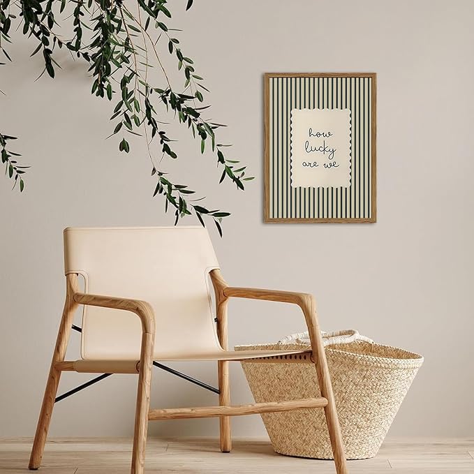How Lucky Are We Wall Art Trendy Green Striped Quote Sign Wall Decor Picture Preppy Inspirational Poster Canvas Painting Print for Living Room Bedroom Dorm 24x16 Inch Wood Framed