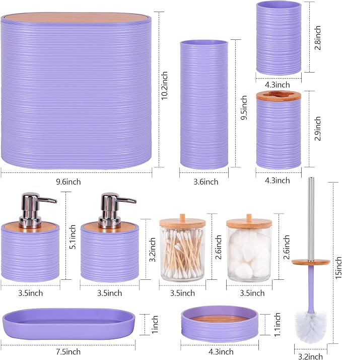 10 PCS Purple Bathroom Accessories Set with Trash Can Bathroom Accessory | All-in-One Kit with Trash Can,Toothbrush Holder,Soap Dispenser,Toothbrush Cup,Vanity Tray,Soap Dish,Toilet Brush etc for Home