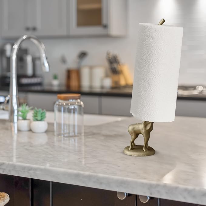 Gold Paper Towel Holder, Metal Toilet or Kitchen Paper Holder for Floor or Countertop, Gold Elephant | 18.6 inch tall gold cast iron hand towel holder for kitchen countertop or bathroom with weighted base, no assembly
