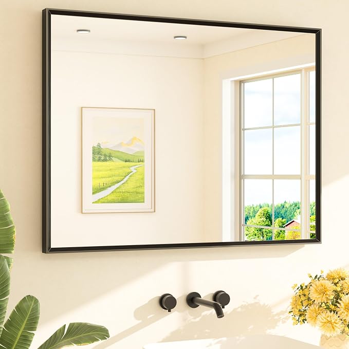 Black Framed Mirror for Bathroom Vanity 40" x 30" Matte Black Rectangle Beveled Frame Wall Mirror for Over Sink, Tempered Glass, Modern Farmhouse Bedroom, Entryway, Living Room