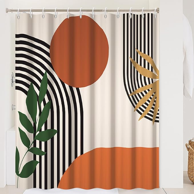 Mid Century Boho Shower Curtain with Hooks for Bathroom 72x96 Inch | Waterproof Abstract Sun Leaves and Arch Shower Curtain Set, Soft Terracotta Bathroom Decor