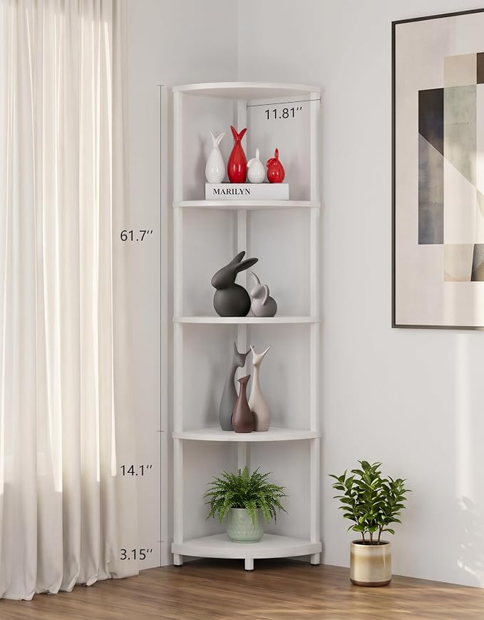 Corner Shelf with LED Light, 5 Tier Smart Color Changing Floor Lamp with Remote, 62" Display Shelf Bookshelf Narrow Storage Rack Standing Lamp for Living Room Bedroom Home Office Decor, White