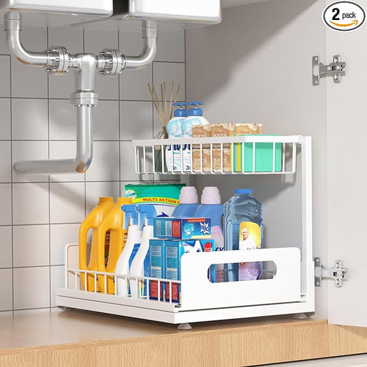Under Sink Organizer 2 Tier, Pull Out Drawer Slides Under Sink Storage for Bathroom Kitchen,Multi-Purpose Drawer Under Cabinet Organizer for Cleaning Supplies (White, 1 Pack)