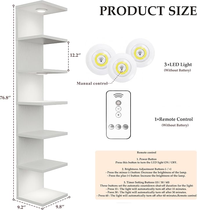 7-Tier Floating Shelves for Wall, Corner Shelf with LED Lights Lack Shelf for Home Organizer Display, Space-Saving, for Kitchen, Living Room, Bedroom, Modern, White