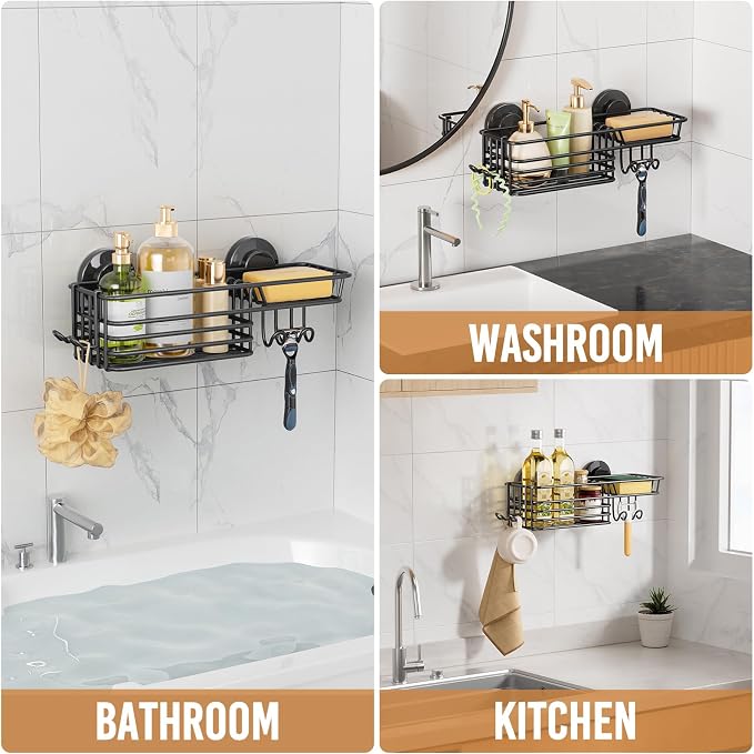 Shower Caddy Suction Cup, Suction Caddy with Hooks and Soap Holder | Black Shower Caddies, No-Drilling Bathroom Shower Organizer, Heavy Duty, No Drill