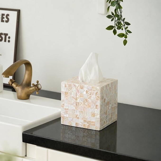 5.9” Mother of Pearl Tissue Box Cover for Kleenex and More – Handcrafted Square Tissue Holder with Sliding Bottom – Decorative Napkin Dispenser for Bathroom, Bedroom, Kitchen, Office