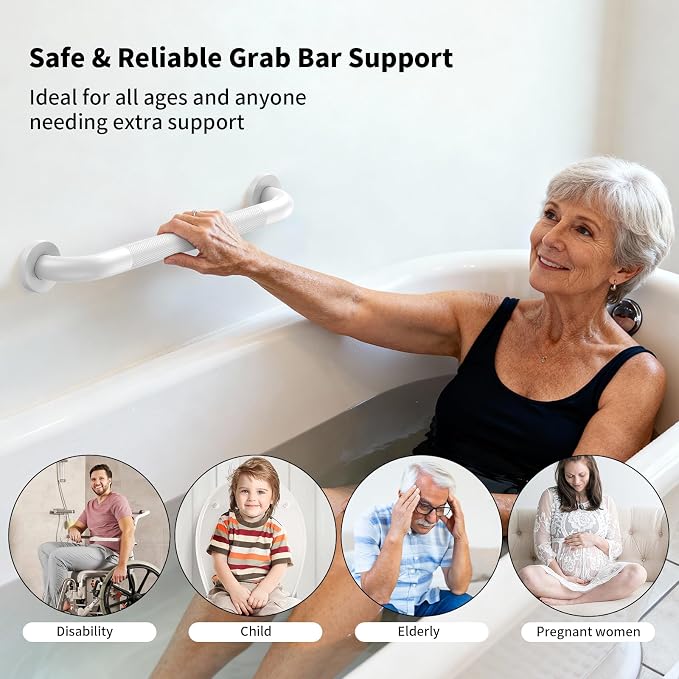 White Grab Bar 24 Inch, Grab Bar for Bathtub and Shower | Anti-Slip Knurled Grip, Stainless Steel, Bathroom Assist Handle Handrail, Handicap Support Bars for Toilet, 1.25" Diameter