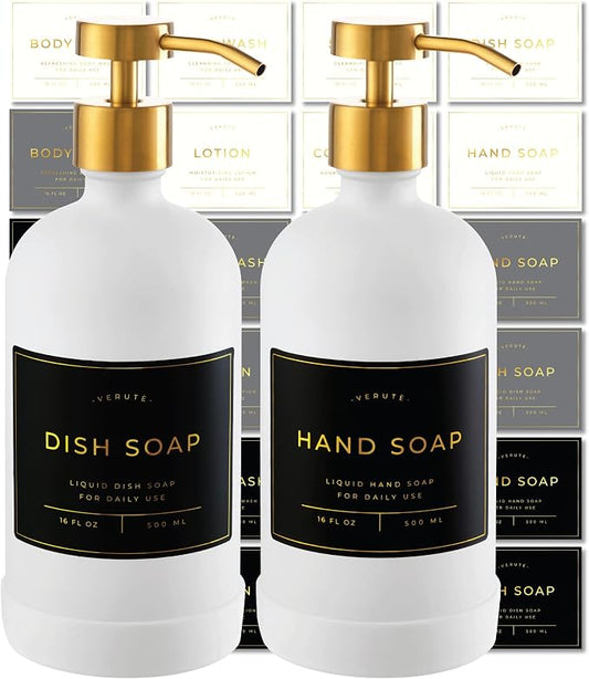 Hand and Dish Soap Dispenser for Kitchen and Bathroom, Set of 2 16 Oz Glass Bottles, Stainless Steel Pumps, Non-Slip Silicone Base, 27 Waterproof Labels (Matte White Bottle/Brushed Gold Pump)