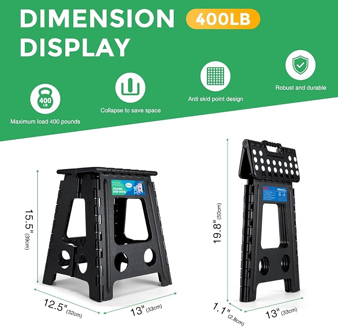 Dyforce Folding Step Stool 16 Inch,400lbs Foldable Step Stool for Adults | Step Stool Foldable Black,Non-Slip Plastic Stepping Stool with Carry Handle,Lightweight for Bathroom Kitchen Bedroom Garden