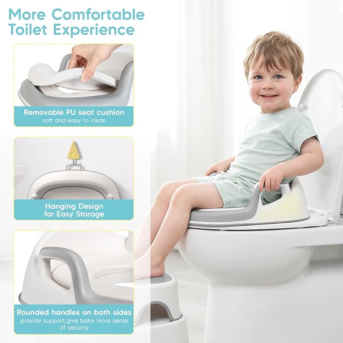 Maliton Potty Training Toilet Seat & Step Stool, 2-in-1 Anti-Slip Grey | Potty Seat + Separate Step Stool, Adjustable Fits More Toilets, Anti-Slip, Sturdy, Splash Guard, Easy clean，Boys & Girls.