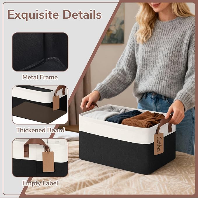 CHICVITA 4 Pack Foldable Closet Storage Baskets, Black & White | 14.8 × 10.3 × 8.3 in, Metal Frame, Leather Handles, Shelf Organization, Towels, Clothes, Linens & Toys Storage