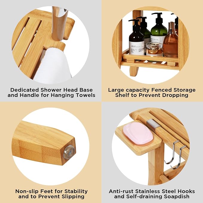 Bamboo Shower Chair for Inside Shower Adults Elderly Disabled | Two-Tier Shower Bench with Storage Shelf, Soap Dish, Shower Head Holder, Watrerproof Shower Seat for Pregnant