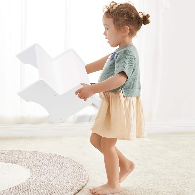 Toddler Step Stool, Wooden 2 Step Stools for Bathroom Sink Potty Training Kitchen Dual Height Stool Helper for Kids Bonus Non-Slip Pads and Handles for Safety (White)