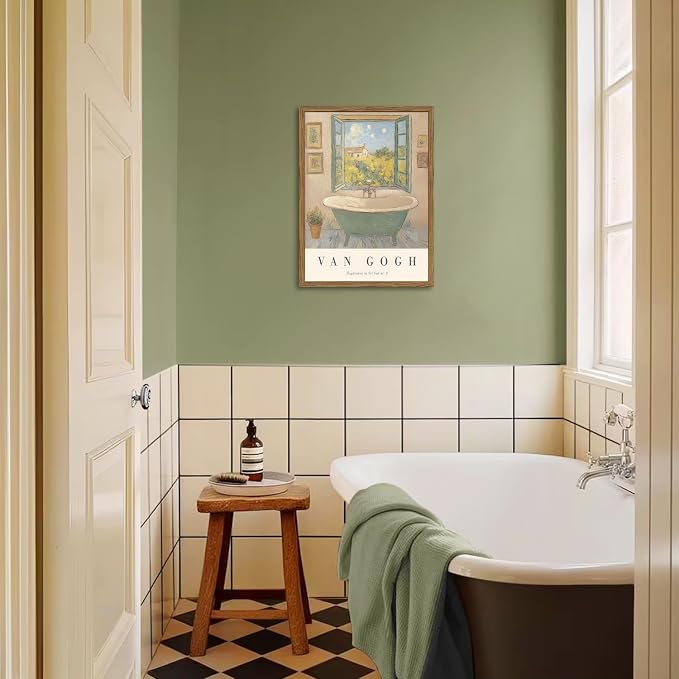 Vintage Van Gogh Bathroom Wall Art Cute Impressionist Bathtub Wall Decor Picture Rustic Farmhouse Bathroom Canvas Painting Print 12x16 inch Wood Framed