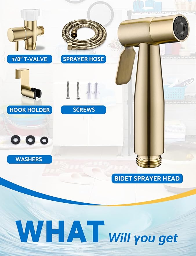 Bidet Sprayer for Toilet, Adjustable Pressure, Gold | Leak-Free Hose, Tank or Wall Mount, Feminine Wash, Cloth Diaper Rinse, Stainless Steel Body, Nozzle, Soft Silicone Nozzle