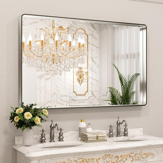 LOAAO 55X36 Inch Brushed Nickel Bathroom Mirror | Rounded Rectangle, Silver Metal Frame, Anti-Rust, Tempered Glass, Hangs Horizontally or Vertically