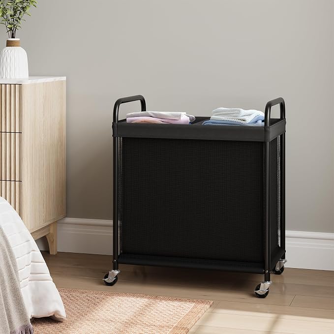ELYKEN Laundry Hamper 2 Section, 100L Rolling Laundry Sorter with Wheels | Removable Washable Liner Bags, Sturdy Steel Frame and Metal Handle, Double Compartment Clothes Organizer for Laundry Sorting