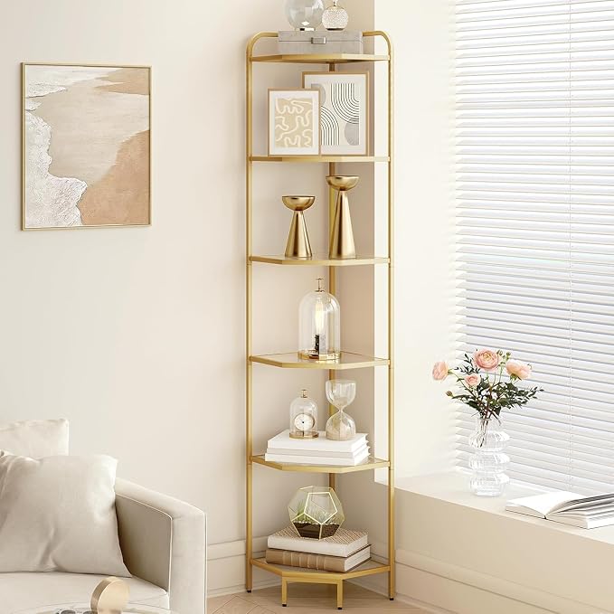 Hzuaneri Corner Shelf Stand, 6-Tier Glass Bookshelf Bookcase, Plant Stand | Bathroom Organizer Steel Frame, Tempered Glass, Modern Style for Living Room, Bathroom, Kitchen, Gold CS90600G