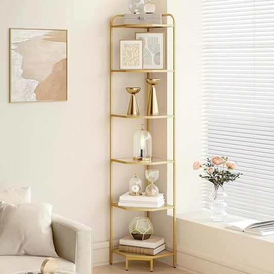 Hzuaneri Corner Shelf Stand, 6-Tier Glass Bookshelf Bookcase, Plant Stand | Bathroom Organizer Steel Frame, Tempered Glass, Modern Style for Living Room, Bathroom, Kitchen, Gold CS90600G