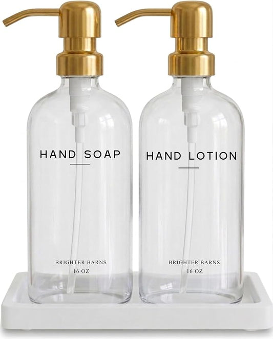 Luxury Glass Soap Dispenser Bathroom Set by Brighter Barns - Refillable Liquid Hand Soap and Lotion Dispenser Set with Tray and Pump - Gold Bathroom Decor for Guest House, Modern Airbnb (Clear/Gold)