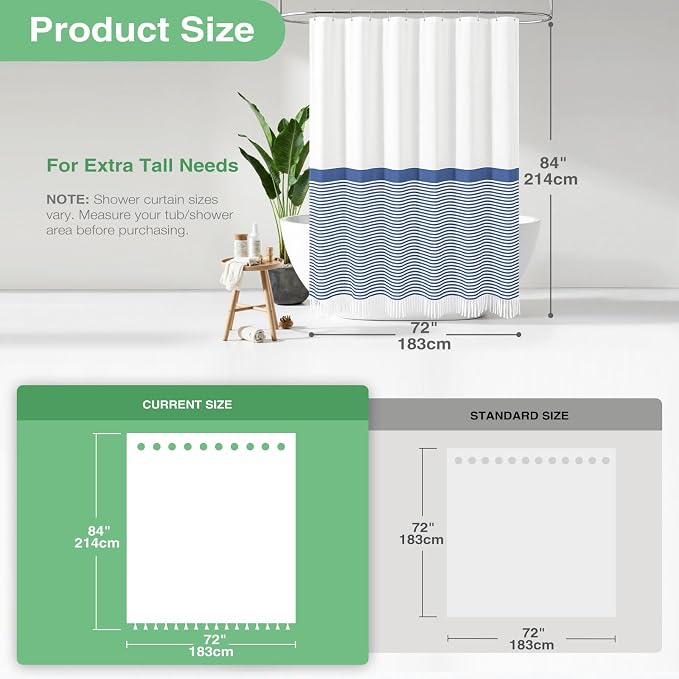 Extra Long Shower Curtains, 84 Inch Long Farmhouse Boho Striped Fabric Tassel Shower Curtain for Bathroom, Tall Bohemian Textured Cloth Shower Curtain Set with Hook, Navy Blue, 72x84
