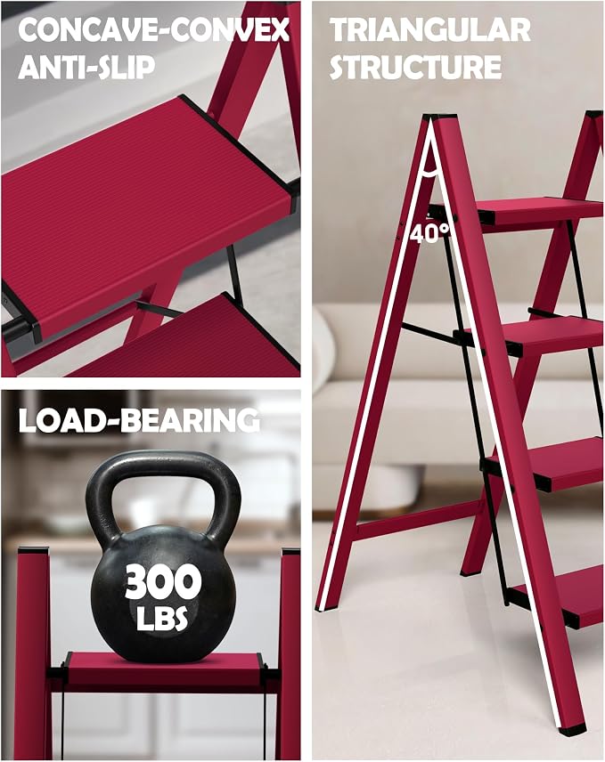 Taranta 4 Step Stool Foldable,Aluminum Step Ladder-Red | Lightweight,Wide Anti-Slip Pedals,Folding Step Stool,330lbs Capacity Stepladder for Household,Kitchen,Office