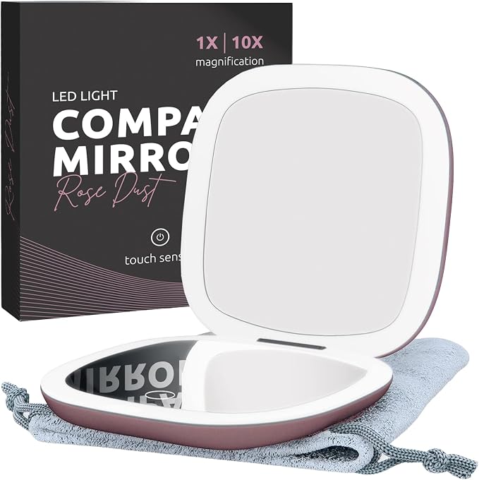 LED Lighted Travel Makeup Mirror 1x/10x, USB-C Rechargeable (Rose Dust)
